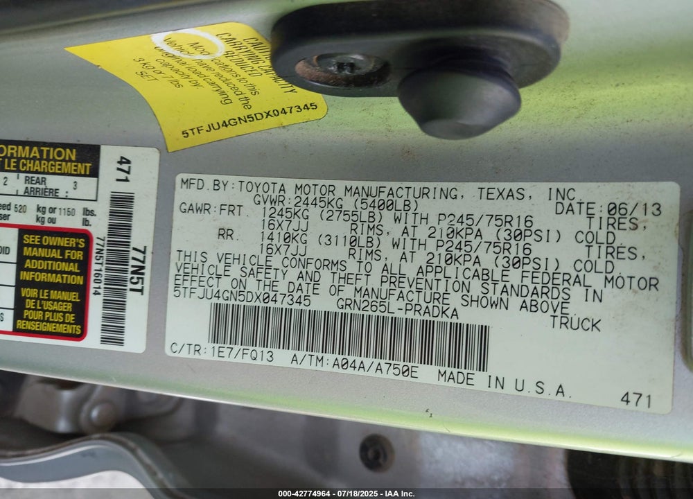 2013 TOYOTA TACOMA VIN: 5TFJU4GN5DX047345