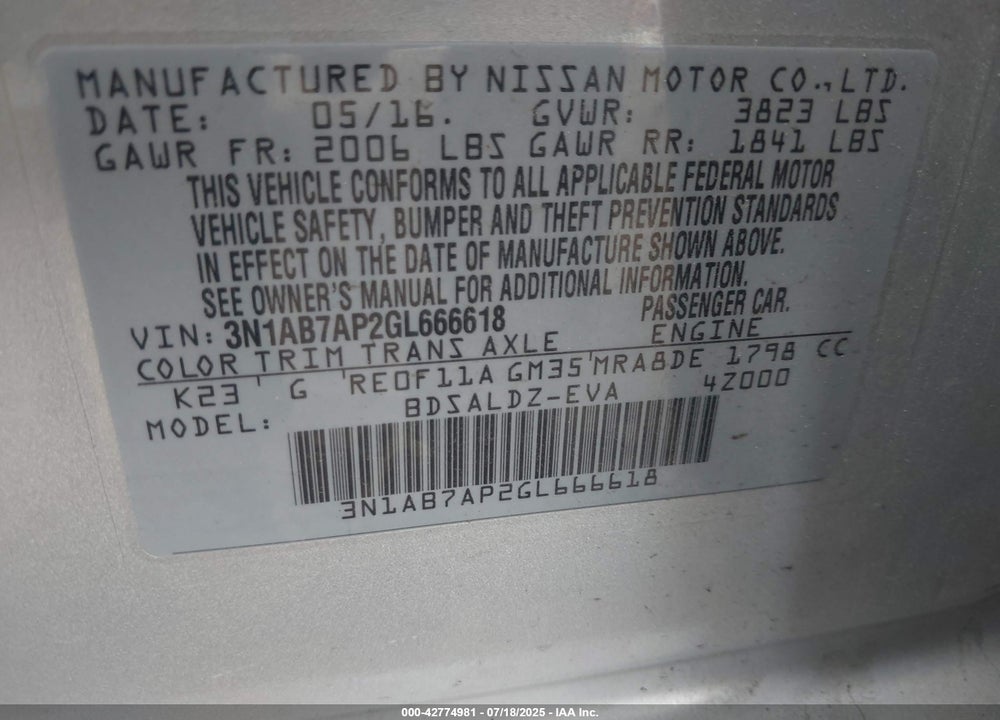 2016 NISSAN SENTRA VIN: 3N1AB7AP2GL666618