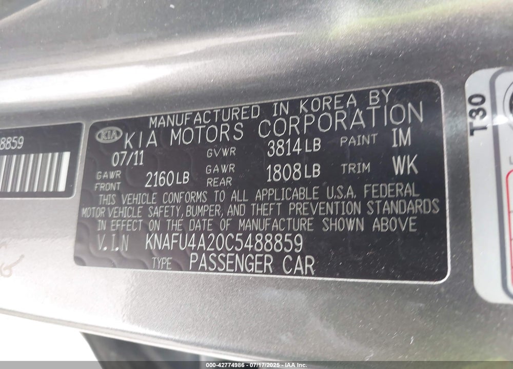 2012 KIA FORTE VIN: KNAFU4A20C5488859