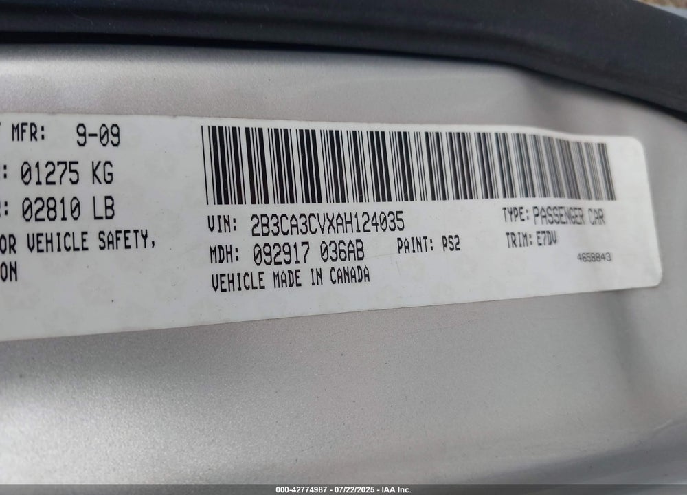 2010 DODGE CHARGER VIN: 2B3CA3CVXAH124035