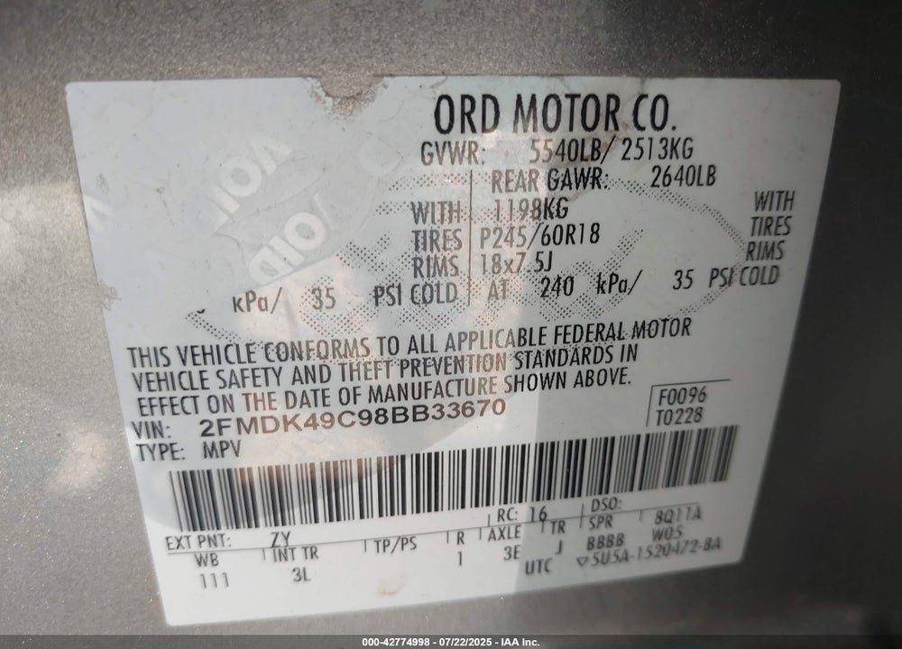 2008 FORD EDGE VIN: 2FMDK49C98BB33670