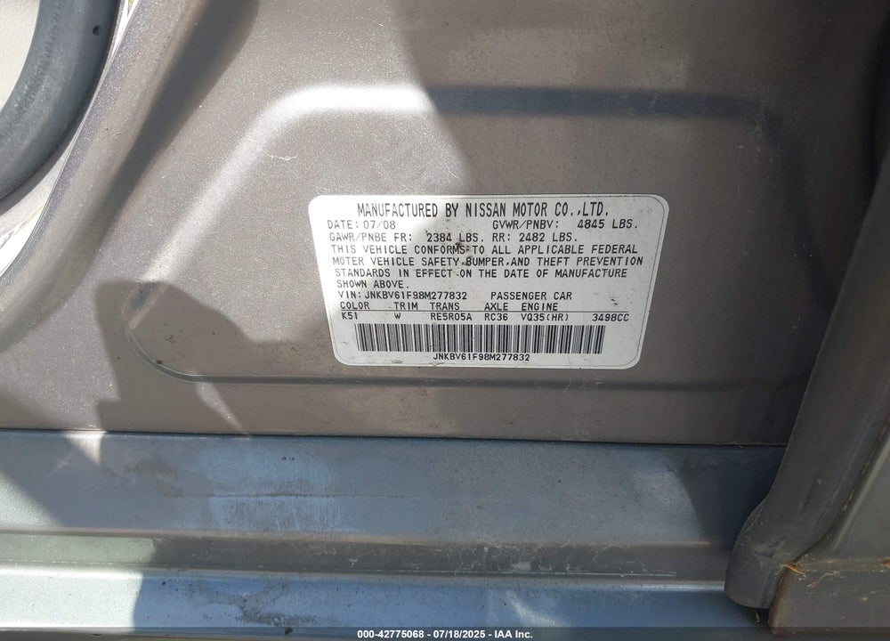 2008 INFINITI G35X VIN: JNKBV61F98M277832