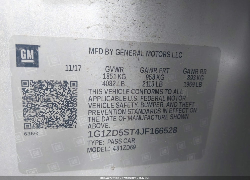 2018 CHEVROLET MALIBU VIN: 1G1ZD5ST4JF166528
