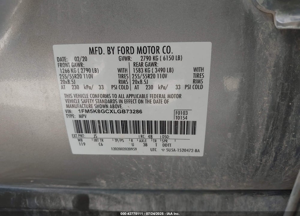 2020 FORD EXPLORER VIN: 1FM5K8GCXLGB73286