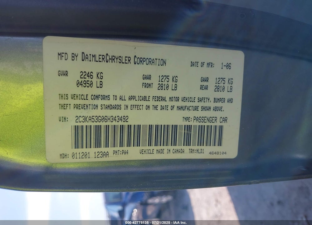 2006 CHRYSLER 300 TOURING VIN: 2C3KA53G06H343492