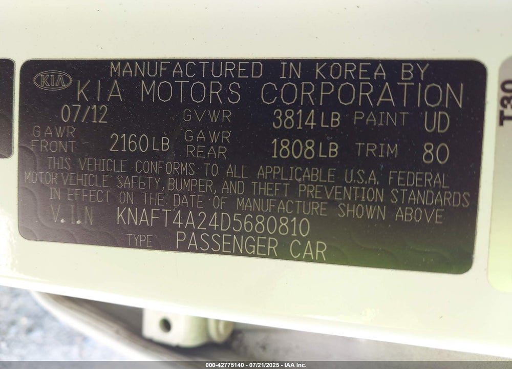 2013 KIA FORTE VIN: KNAFT4A24D5680810