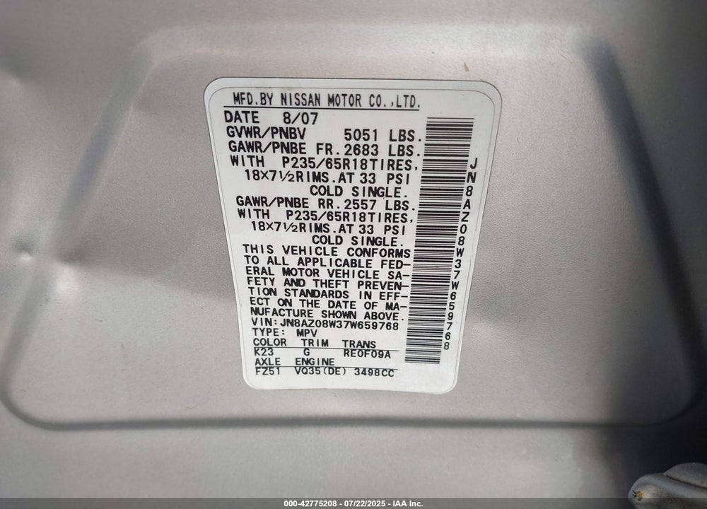 2007 NISSAN MURANO VIN: JN8AZ08W37W659768