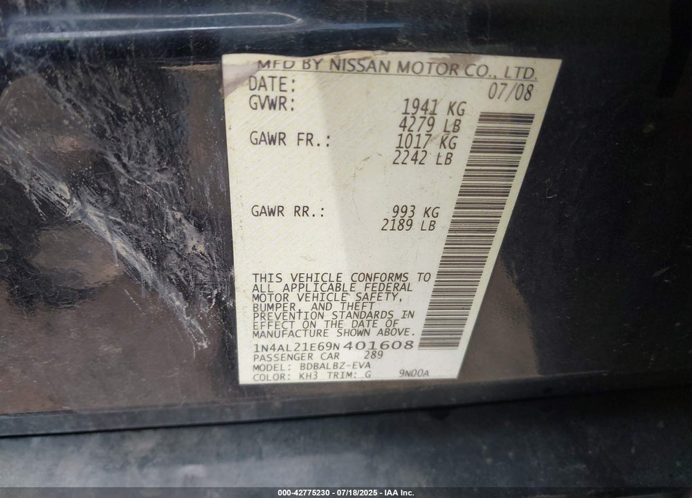 2009 NISSAN ALTIMA VIN: 1N4AL21E69N401608