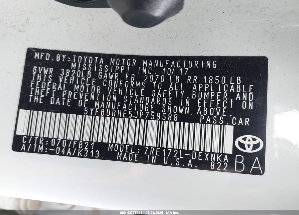 2018 TOYOTA COROLLA VIN: 5YFBURHE5JP759588