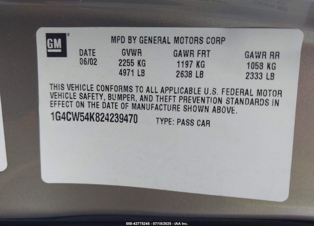 2002 BUICK PARK AVENUE VIN: 1G4CW54K824239470