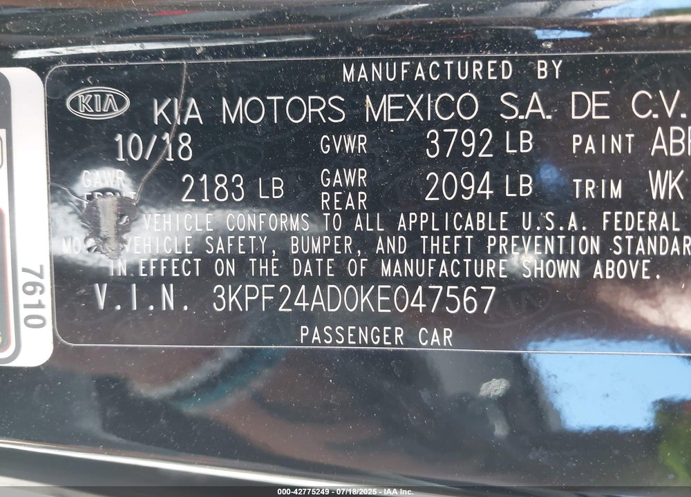 2019 KIA FORTE LXS VIN: 3KPF24AD0KE047567