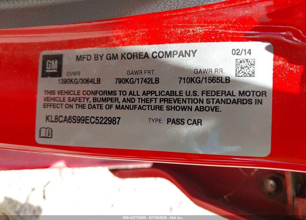 2014 CHEVROLET SPARK VIN: KL8CA6S99EC522987
