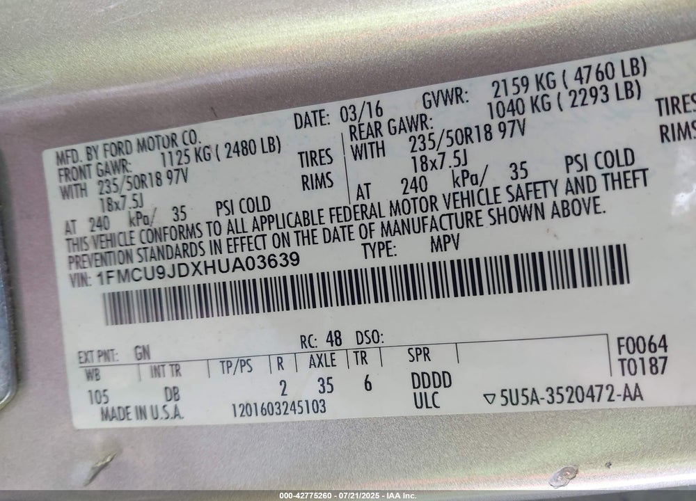 2017 FORD ESCAPE TITANIUM VIN: 1FMCU9JDXHUA03639