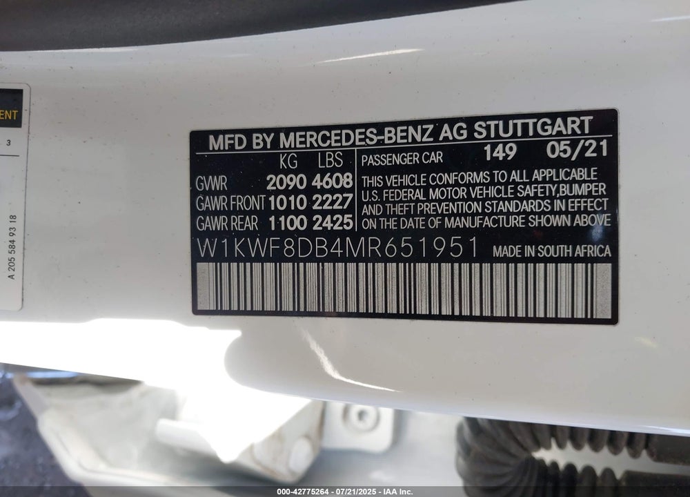 2021 MERCEDES-BENZ C CLASS VIN: W1KWF8DB4MR651951