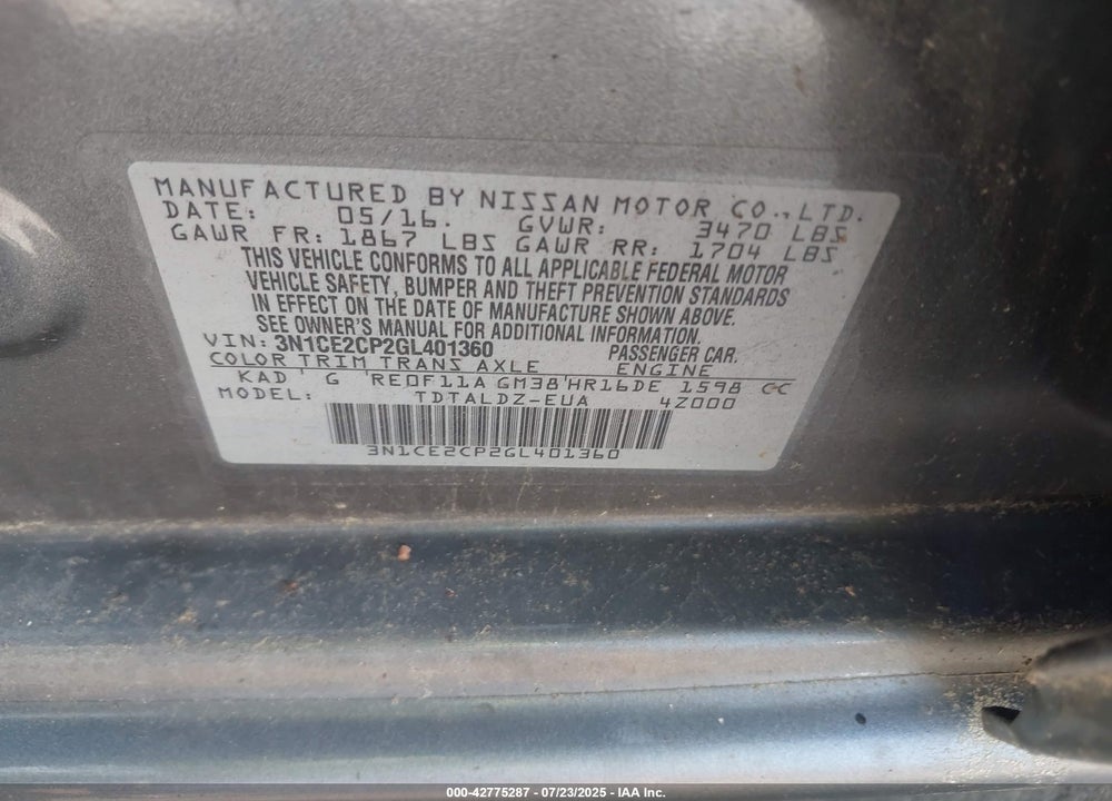 2016 NISSAN VERSA NOTE VIN: 3N1CE2CP2GL401360