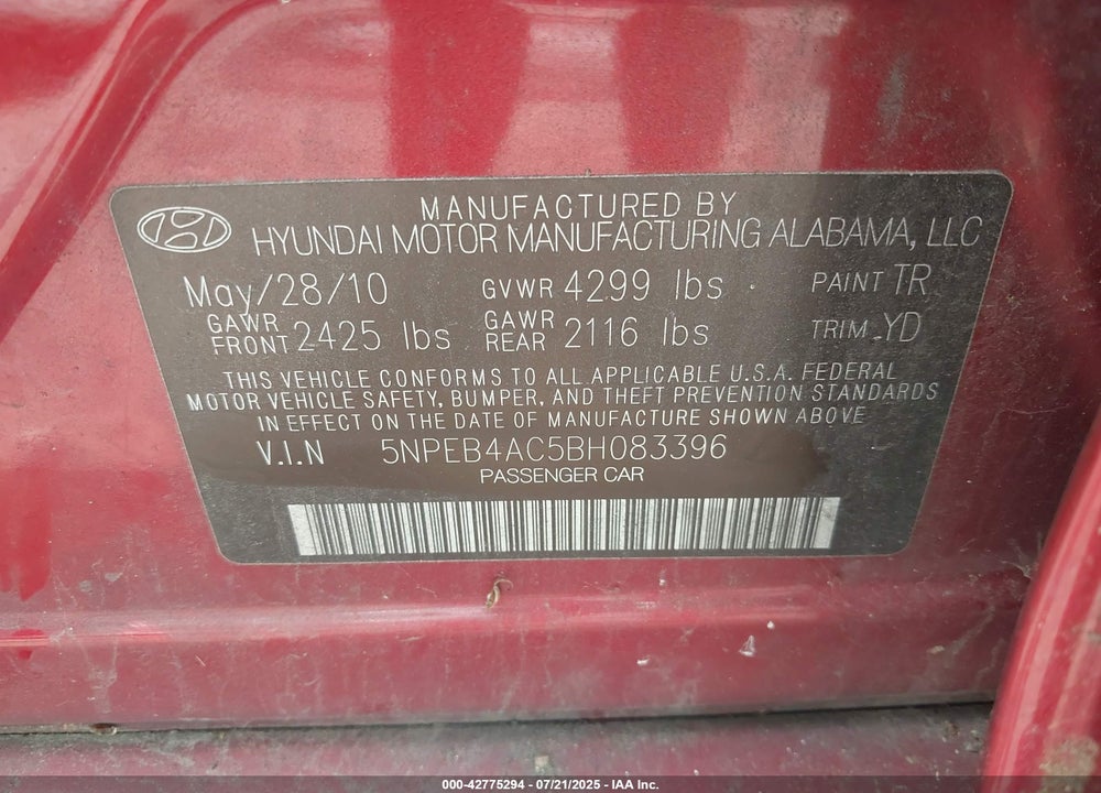 2011 HYUNDAI SONATA VIN: 5NPEB4AC5BH083396