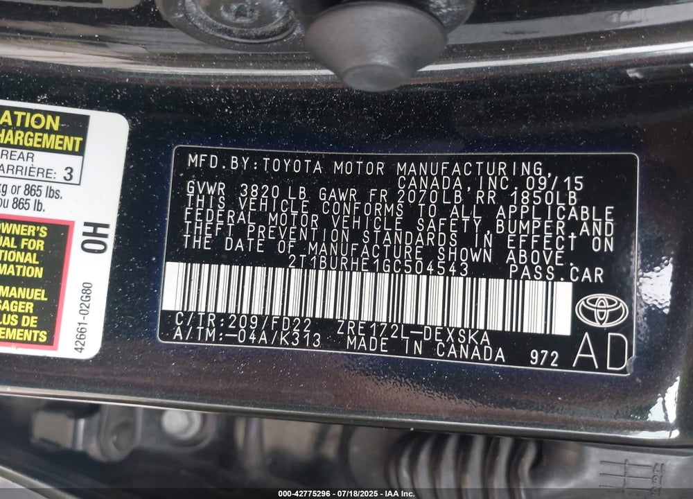 2016 TOYOTA COROLLA VIN: 2T1BURHE1GC504543