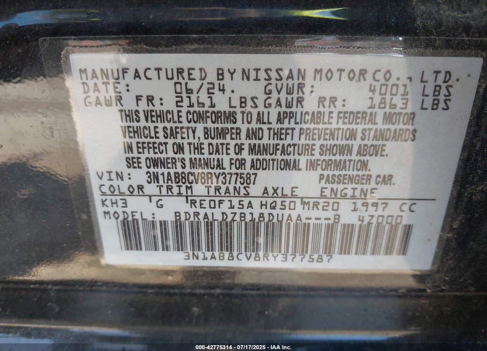 2024 NISSAN SENTRA VIN: 3N1AB8CV8RY377587
