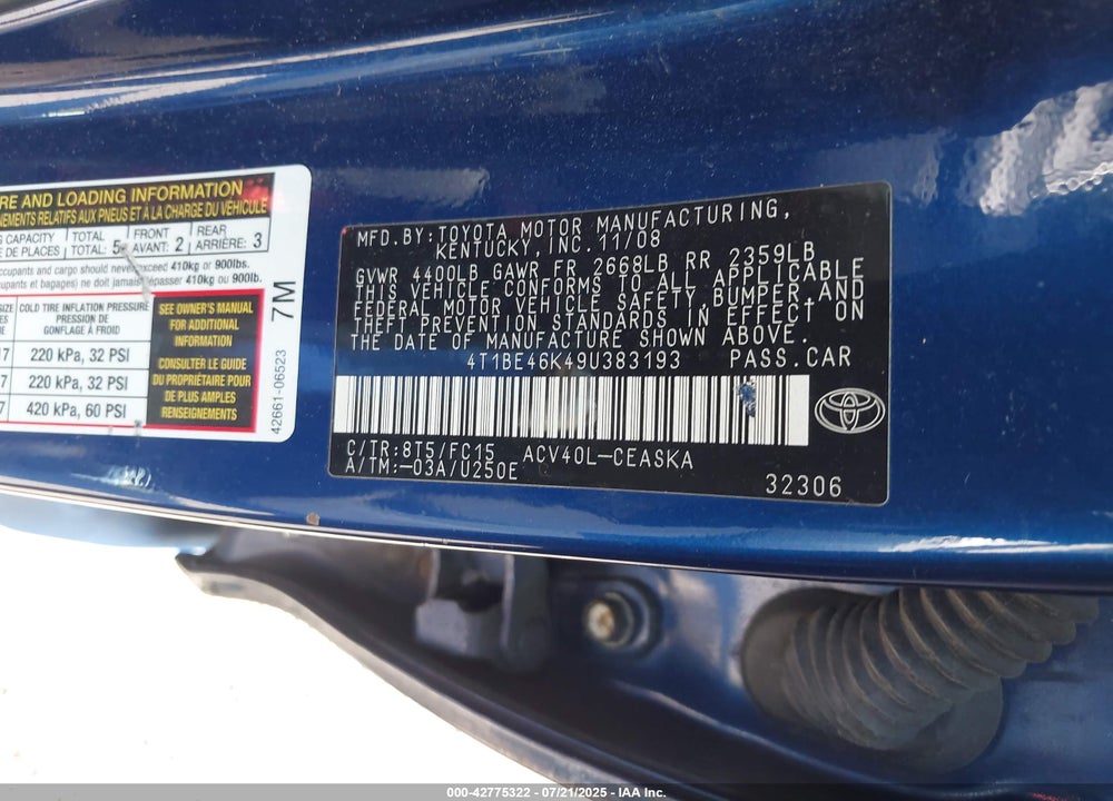 2009 TOYOTA CAMRY VIN: 4T1BE46K49U383193