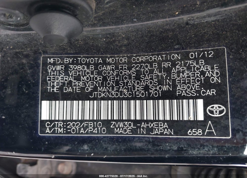 2012 TOYOTA PRIUS VIN: JTDKN3DU3C1501701