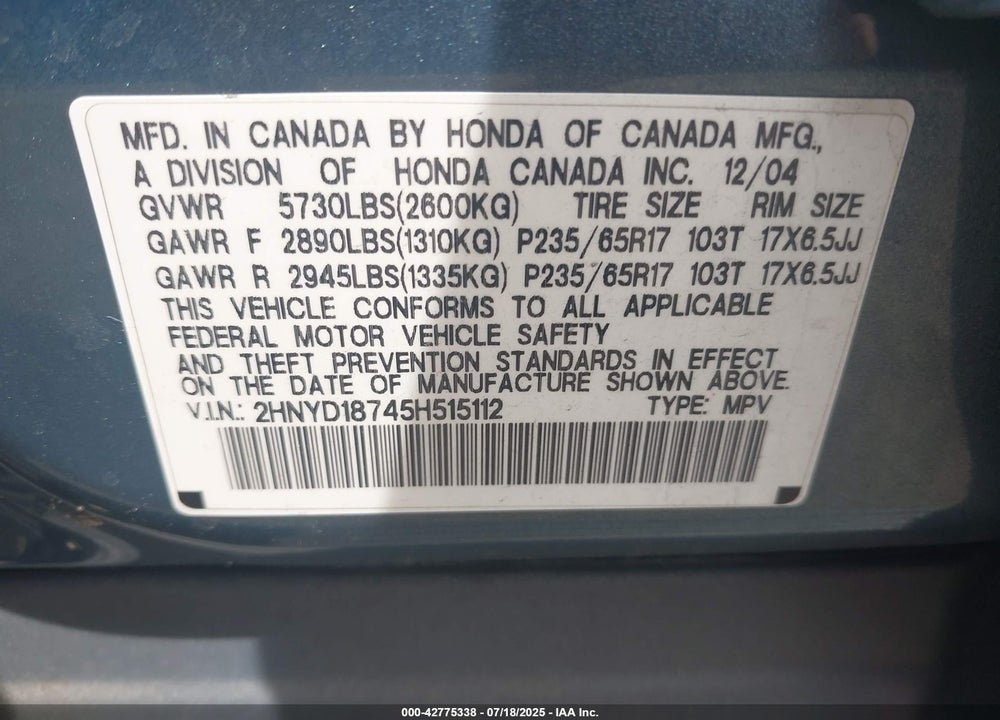 2005 ACURA MDX VIN: 2HNYD18745H515112