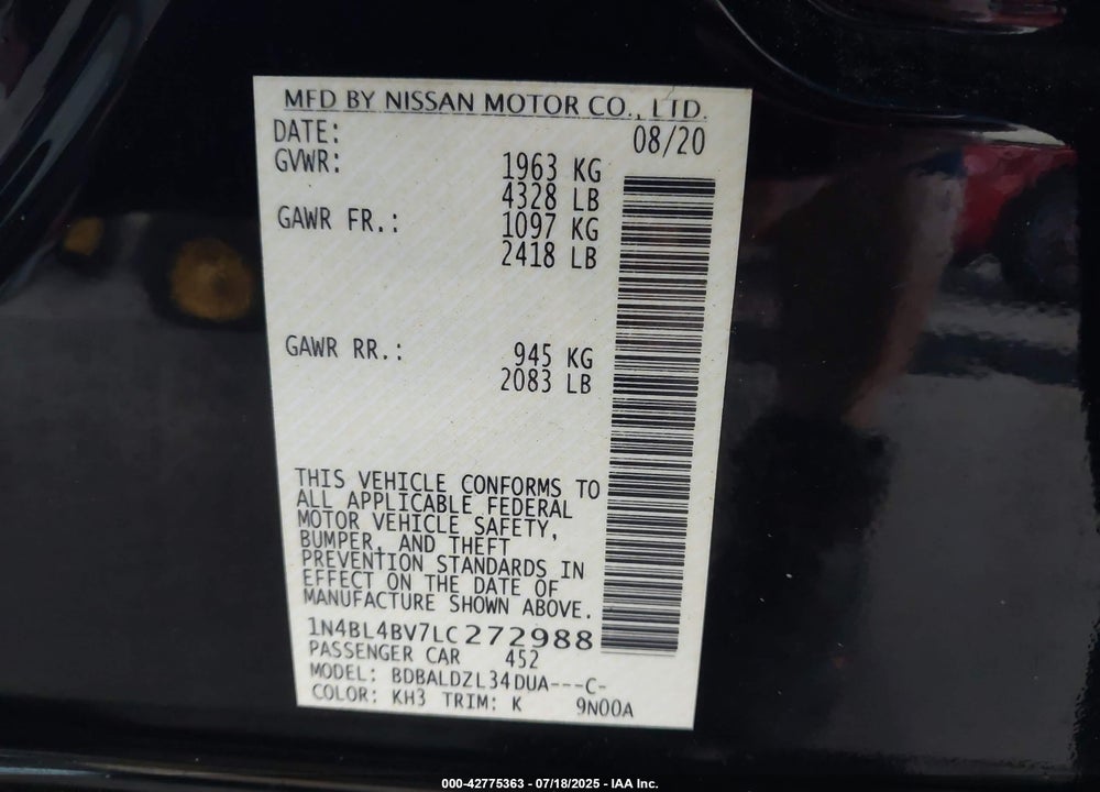 2020 NISSAN ALTIMA VIN: 1N4BL4BV7LC272988