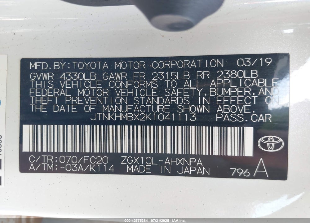 2019 TOYOTA C-HR LE VIN: JTNKHMBX2K1041113