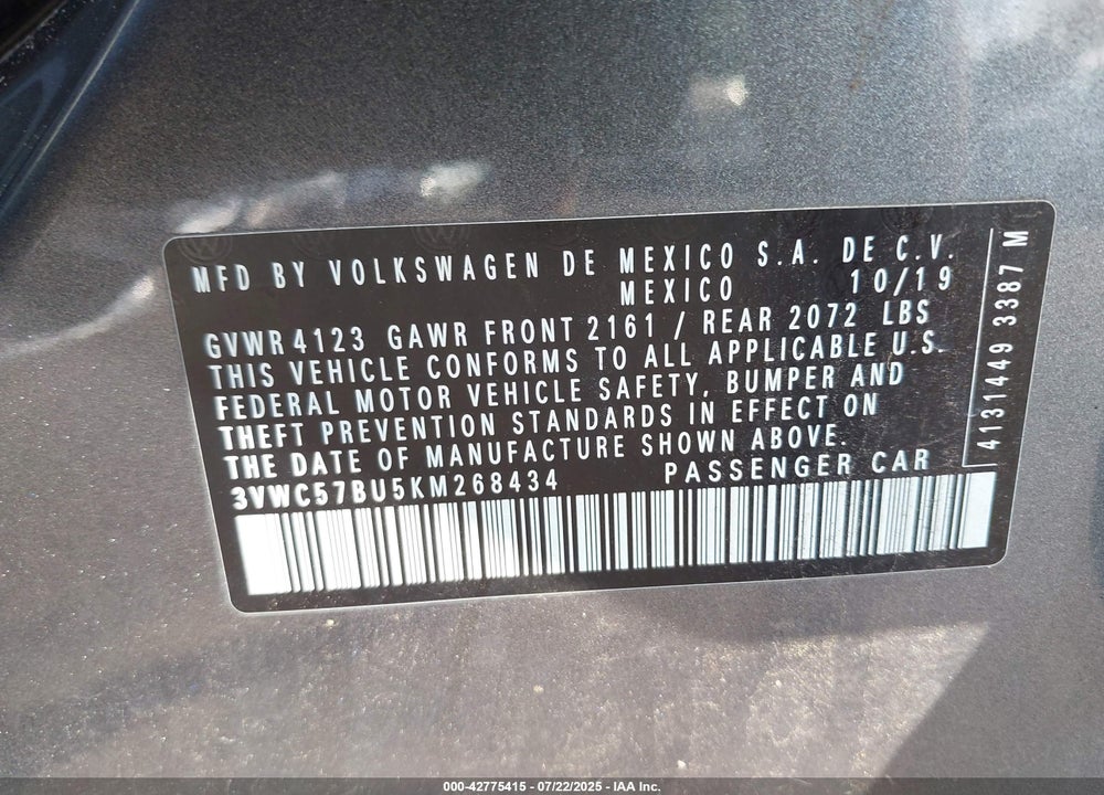 2019 VOLKSWAGEN JETTA VIN: 3VWC57BU5KM268434