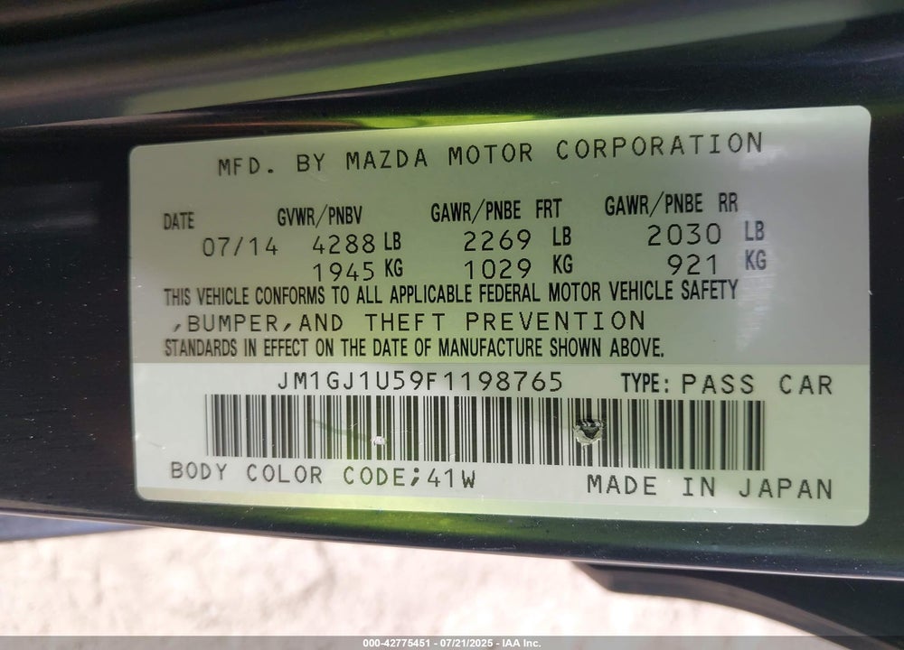 2015 MAZDA 6 VIN: JM1GJ1U59F1198765