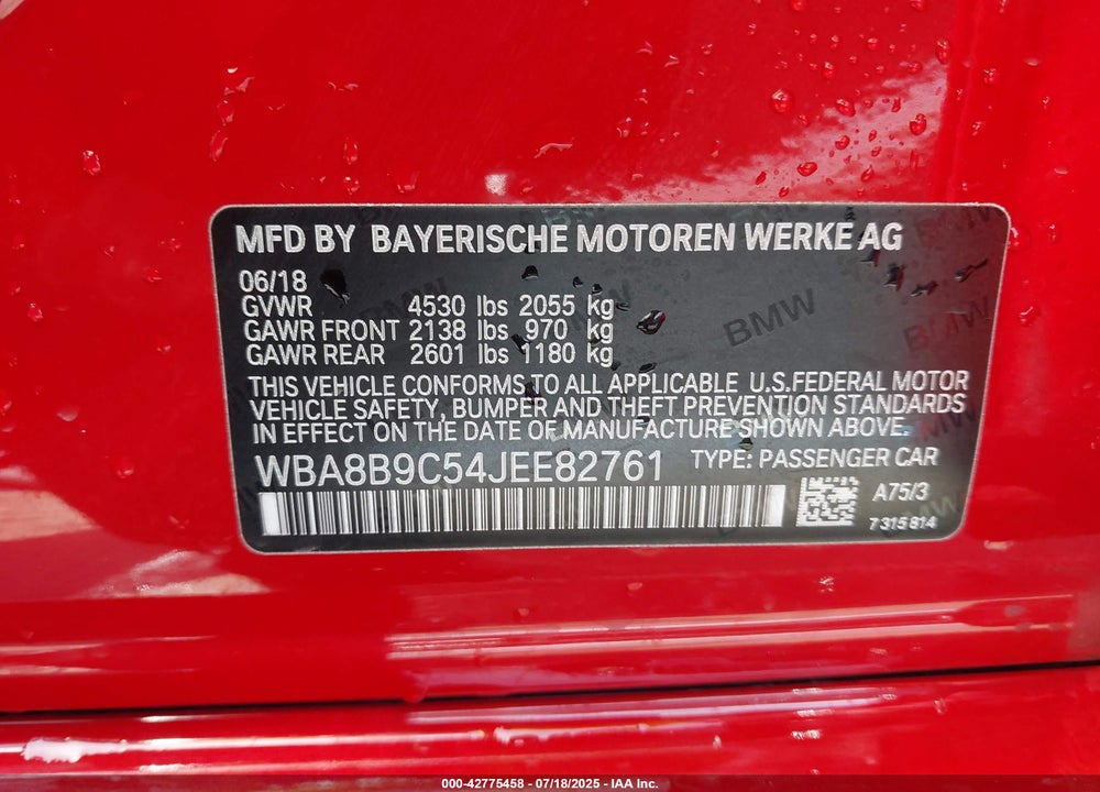 2018 BMW 3 SERIES VIN: WBA8B9C54JEE82761