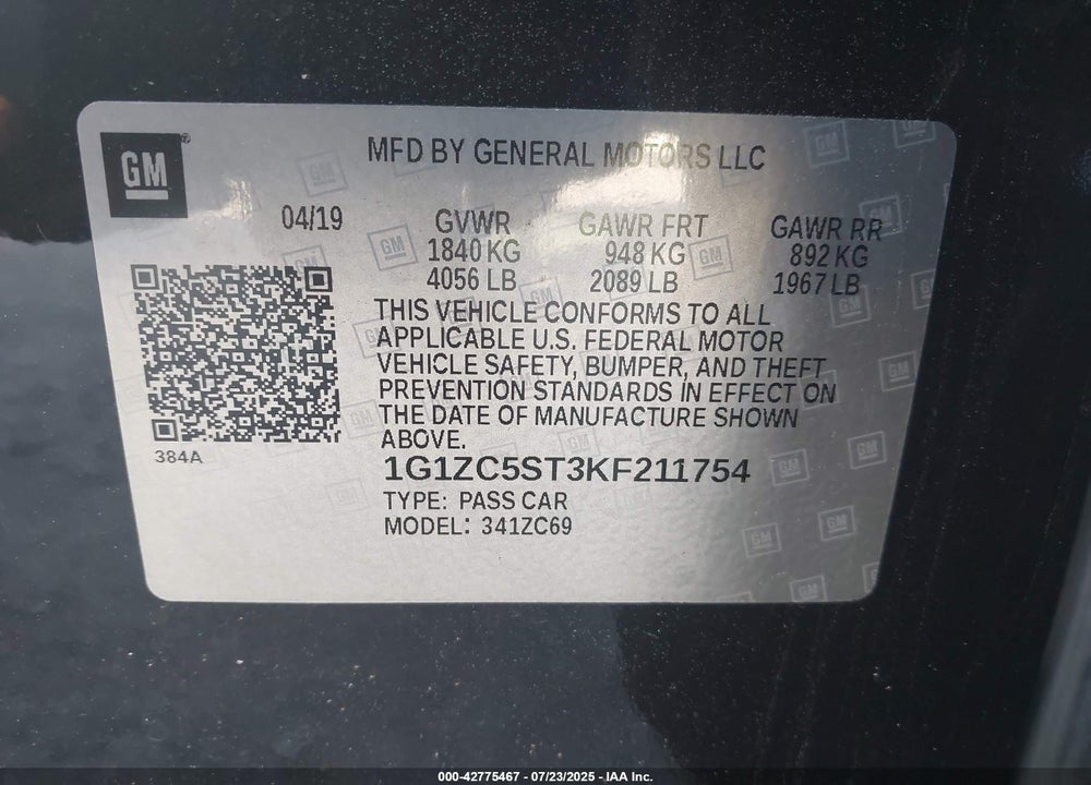 2019 CHEVROLET MALIBU VIN: 1G1ZC5ST3KF211754