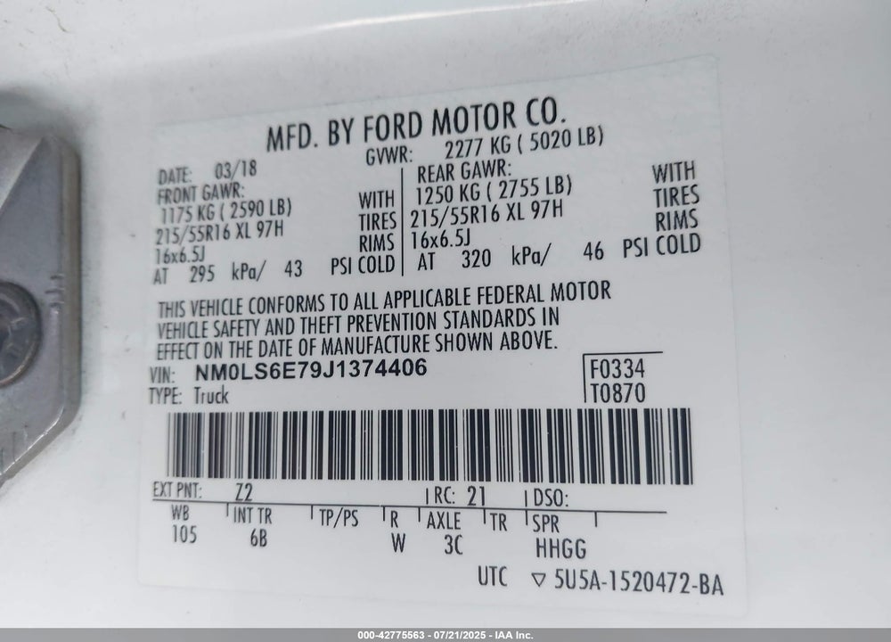 2018 FORD TRANSIT CONNECT XL VIN: NM0LS6E79J1374406