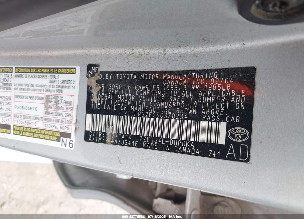 2005 TOYOTA MATRIX VIN: 2T1LR32E25C378234