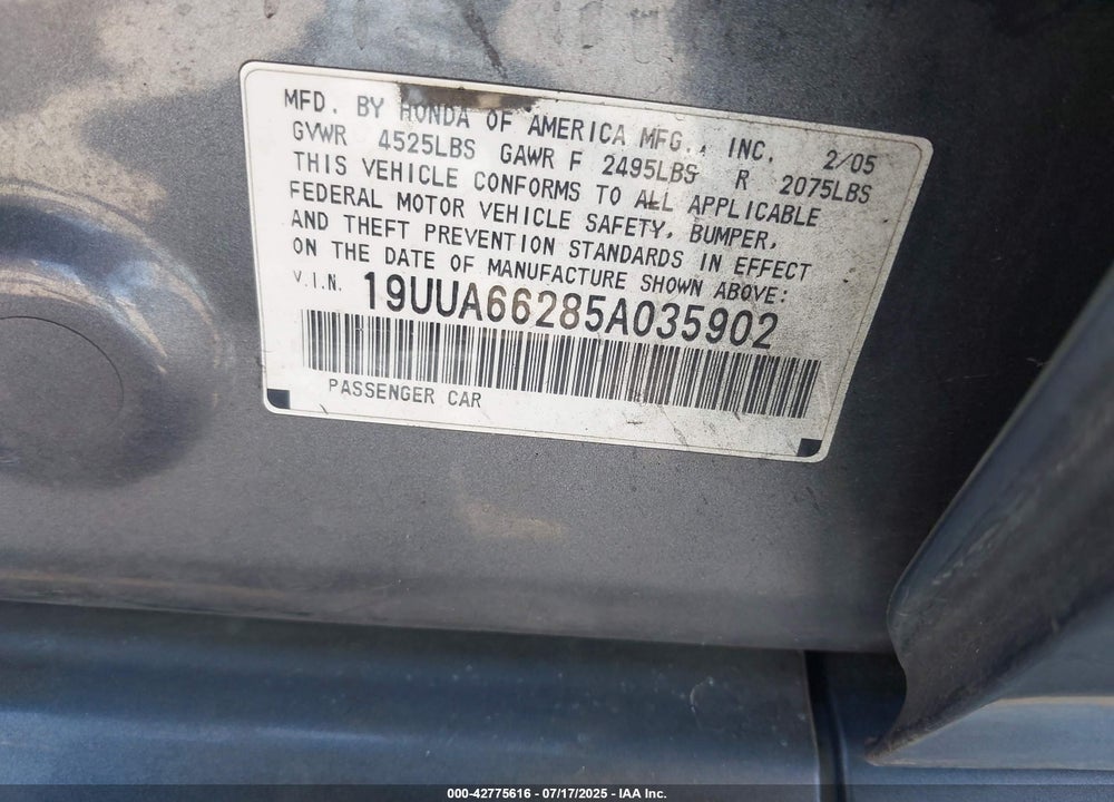 2005 ACURA TL VIN: 19UUA66285A035902