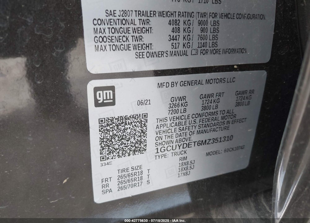 2021 CHEVROLET SILVERADO 1500 VIN: 1GCUYDET6MZ351310