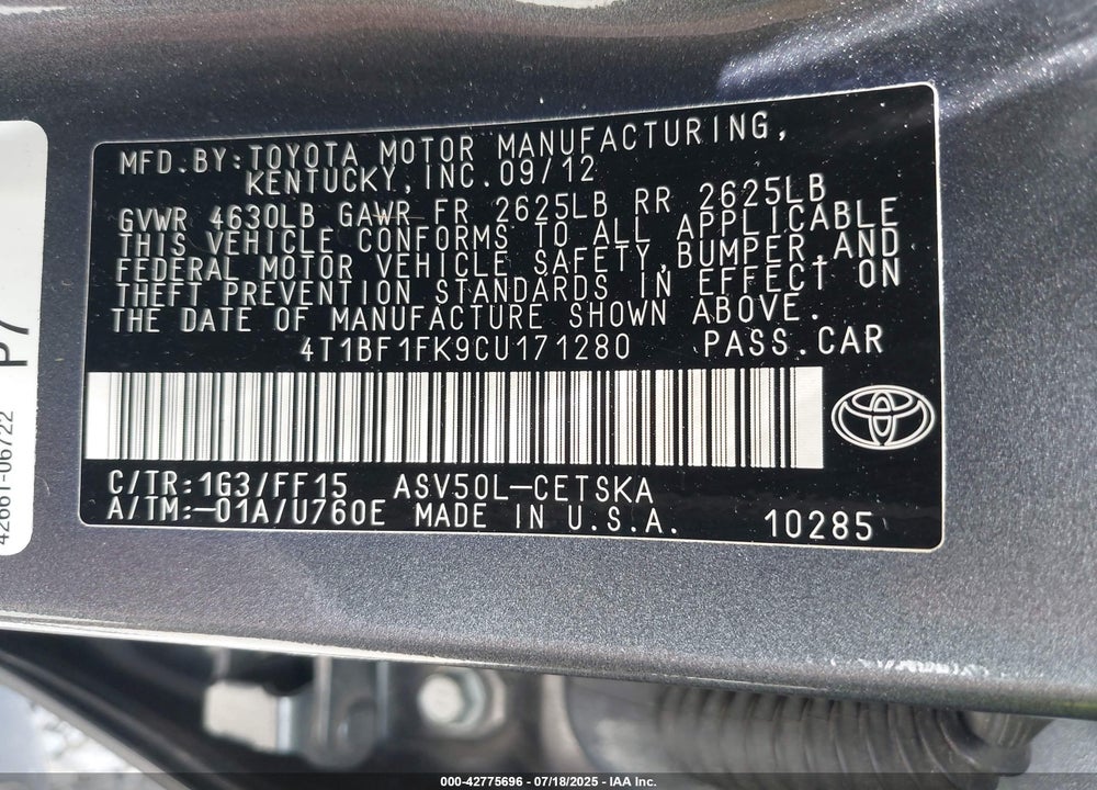 2012 TOYOTA CAMRY SE VIN: 4T1BF1FK9CU171280