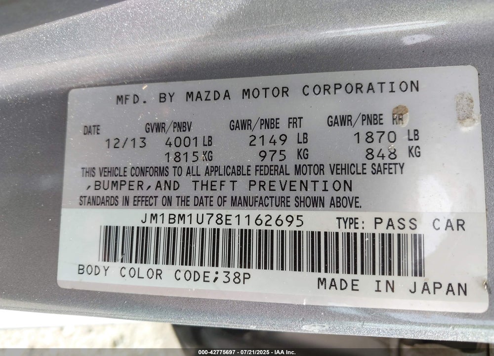 2014 MAZDA 3 VIN: JM1BM1U78E1162695