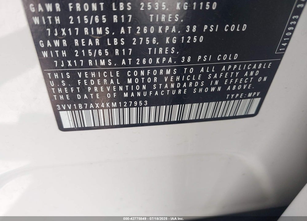 2019 VOLKSWAGEN TIGUAN VIN: 3VV1B7AX4KM127953