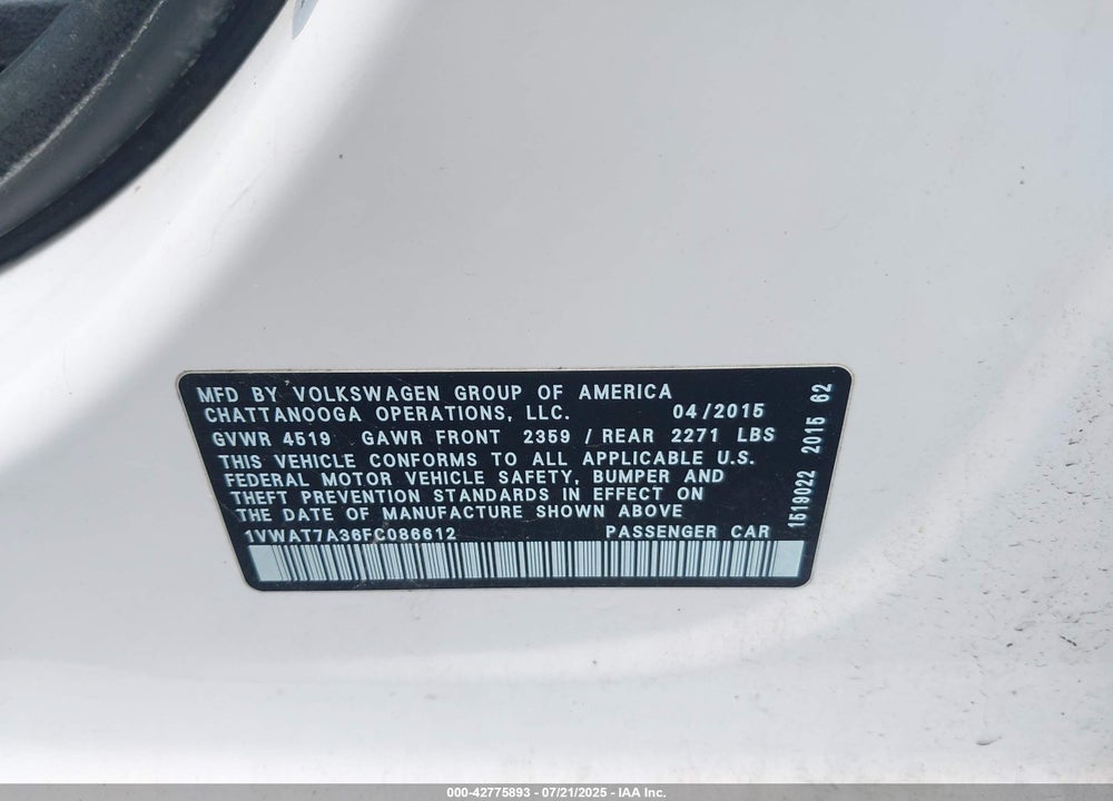 2015 VOLKSWAGEN PASSAT VIN: 1VWAT7A36FC086612