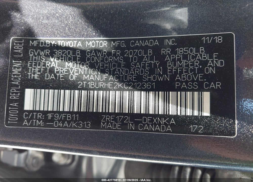 2019 TOYOTA COROLLA VIN: 2T1BURHE2KC212361