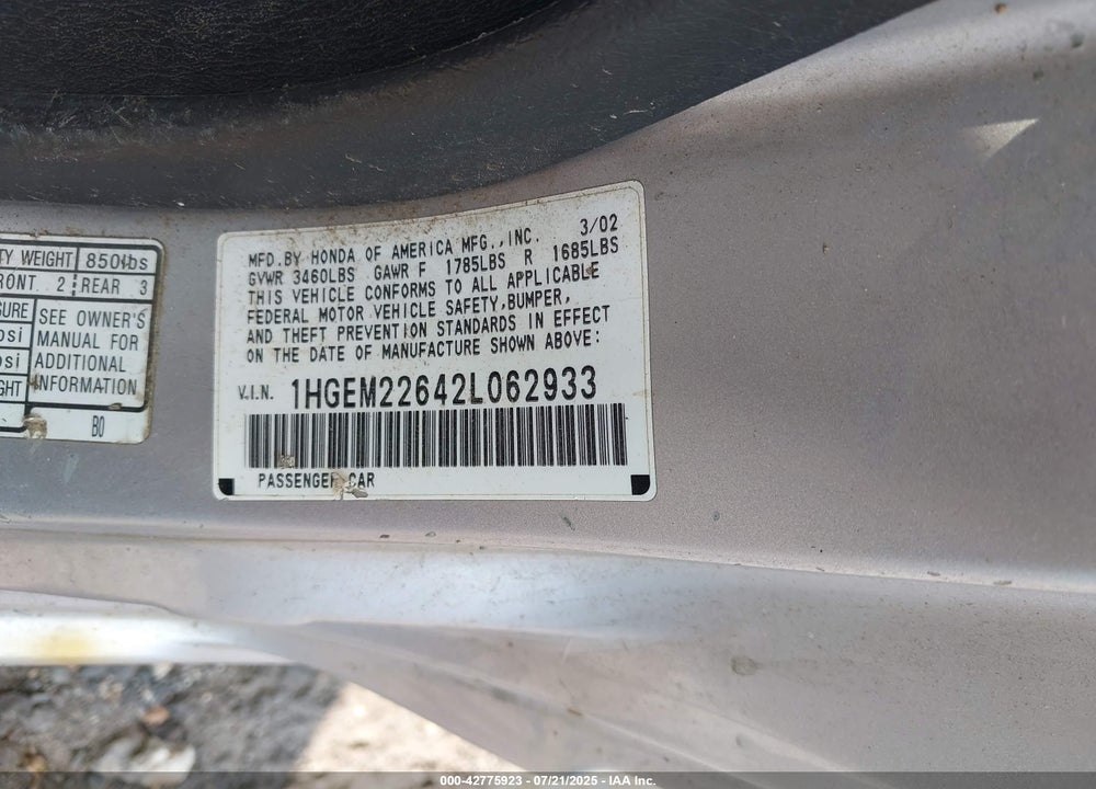 2002 HONDA CIVIC LX VIN: 1HGEM22642L062933