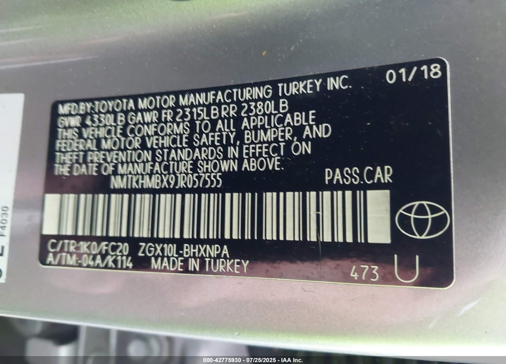 2018 TOYOTA C-HR VIN: NMTKHMBX9JR057555