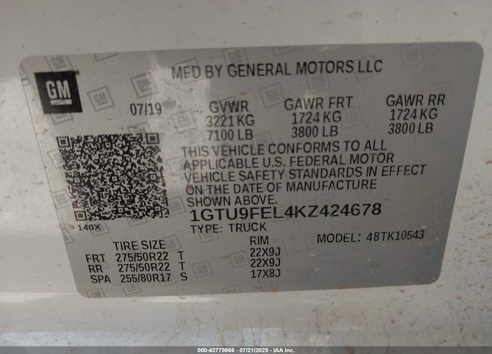 2019 GMC SIERRA 1500 VIN: 1GTU9FEL4KZ424678