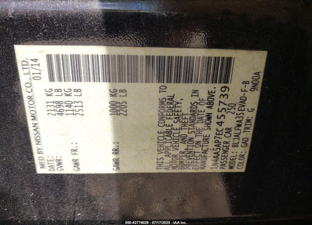 2014 NISSAN MAXIMA VIN: 1N4AA5AP7EC455739