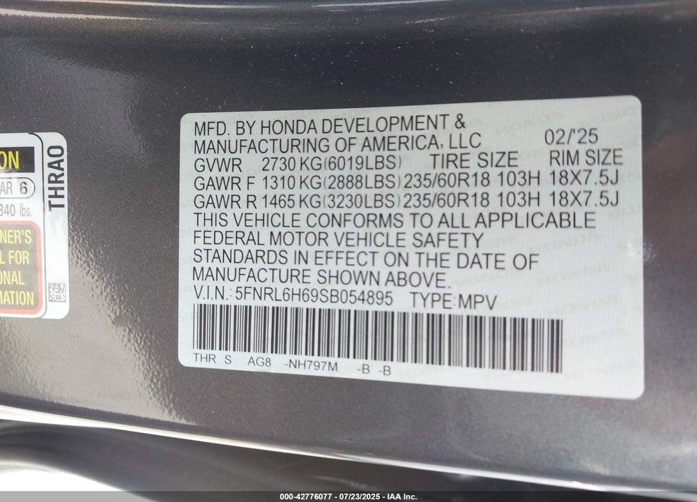 2025 HONDA ODYSSEY EX-L VIN: 5FNRL6H69SB054895