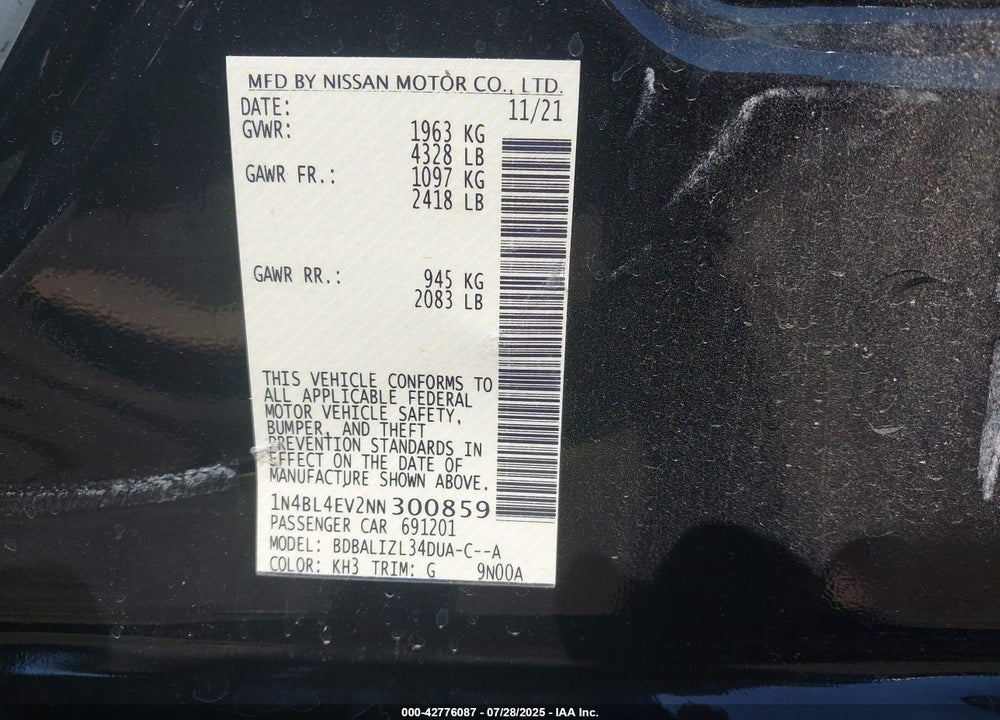 2022 NISSAN ALTIMA VIN: 1N4BL4EV2NN300859