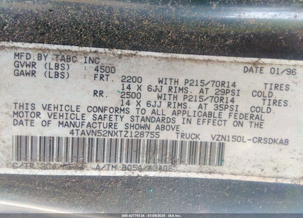 1996 TOYOTA TACOMA VIN: 4TAVN52NXTZ128755