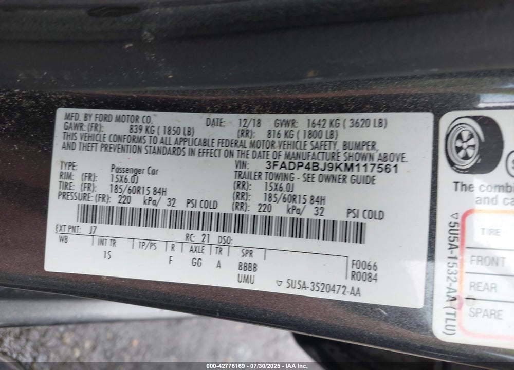 2019 FORD FIESTA SE VIN: 3FADP4BJ9KM117561