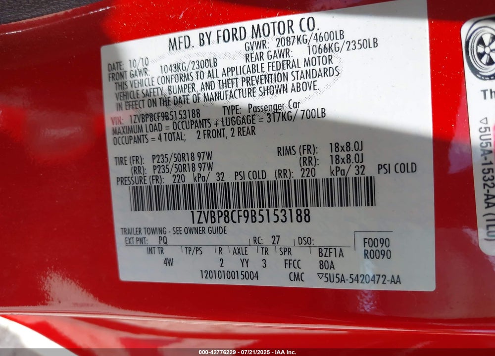 2011 FORD MUSTANG VIN: 1ZVBP8CF9B5153188