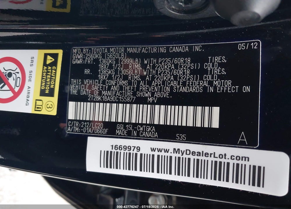 2013 LEXUS RX350 VIN: 2T2BK1BA9DC155877